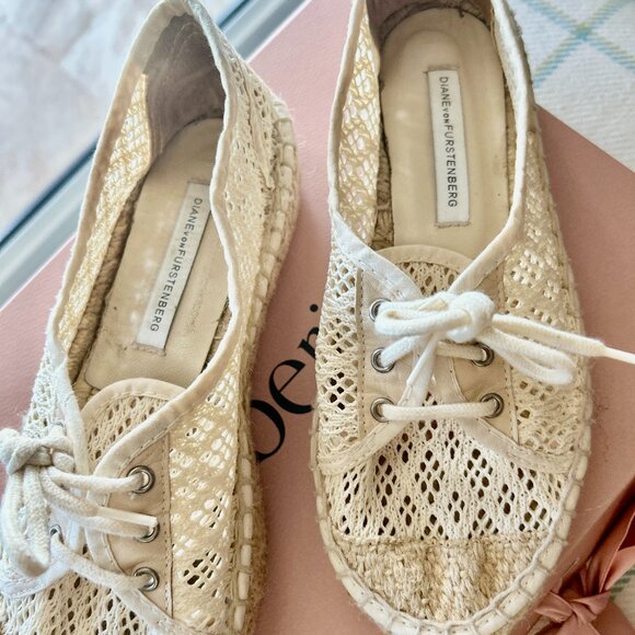 Diane von Furstenberg DVF Crochet Espadrille Beige Raffia Flats Size 36 - Picture 6 of 15